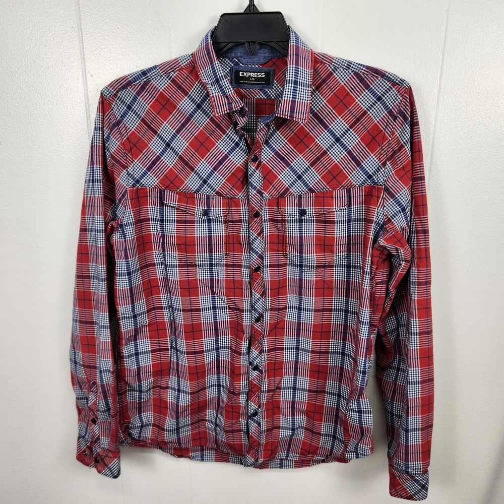 Express Shirt Mens Large Red Blue Plaid Western Pearl Snap Button Up Pockets